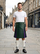 Dark Green Leather Kilt With Purple Pleats Front Side