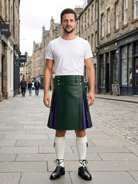 Dark Green Leather Kilt With Purple Pleats Front Side