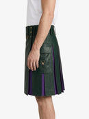 Dark Green Leather Kilt With Purple Pleats Left