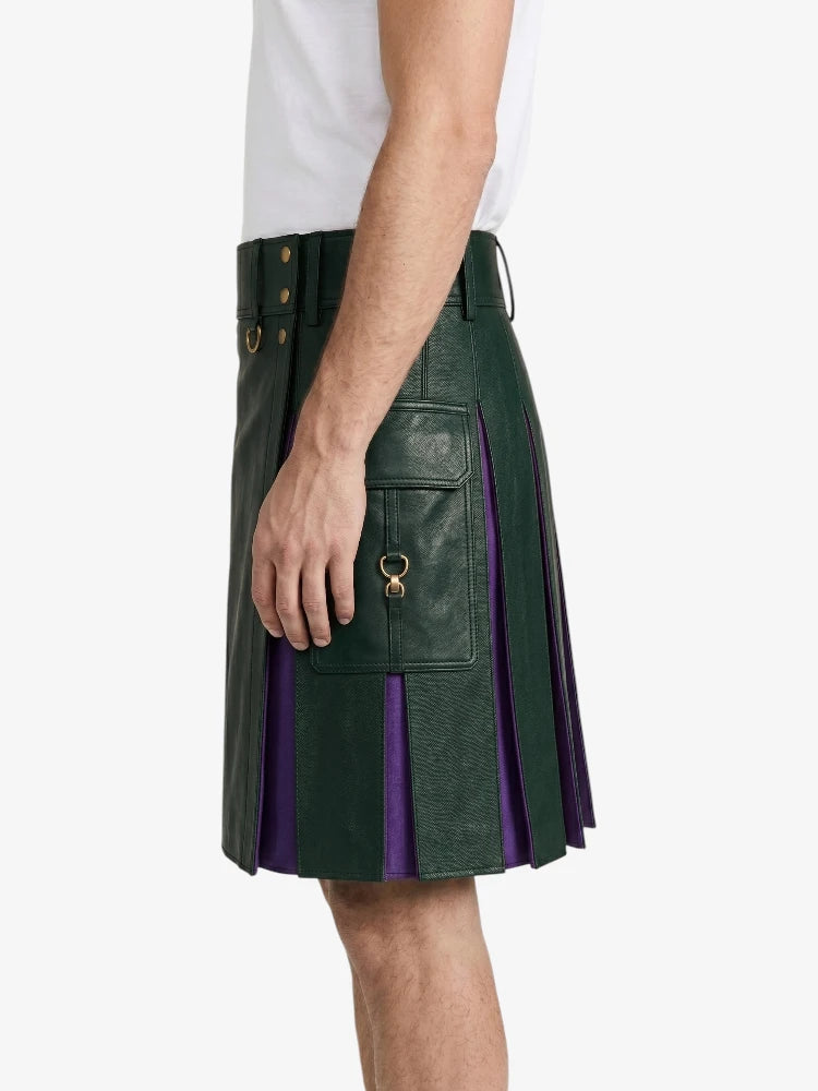 Dark Green Leather Kilt With Purple Pleats Left
