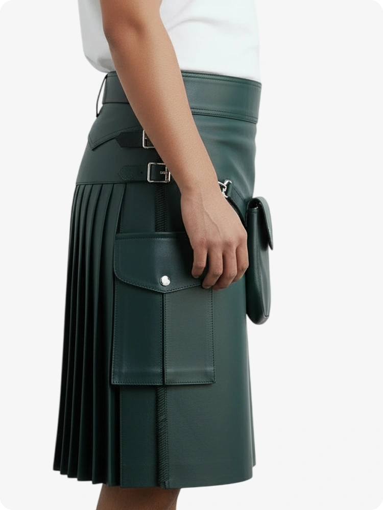 Kilt in pelle pieghettato verde scuro con passanti cintura e cinghie laterali
