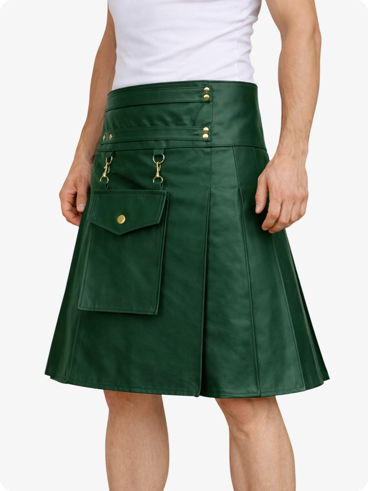 Dark Green skirt with gold buttons and pockets worn by a person on a white background