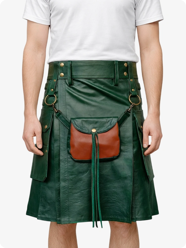 Dark Green Leather Utility Kilt with Front Sporran