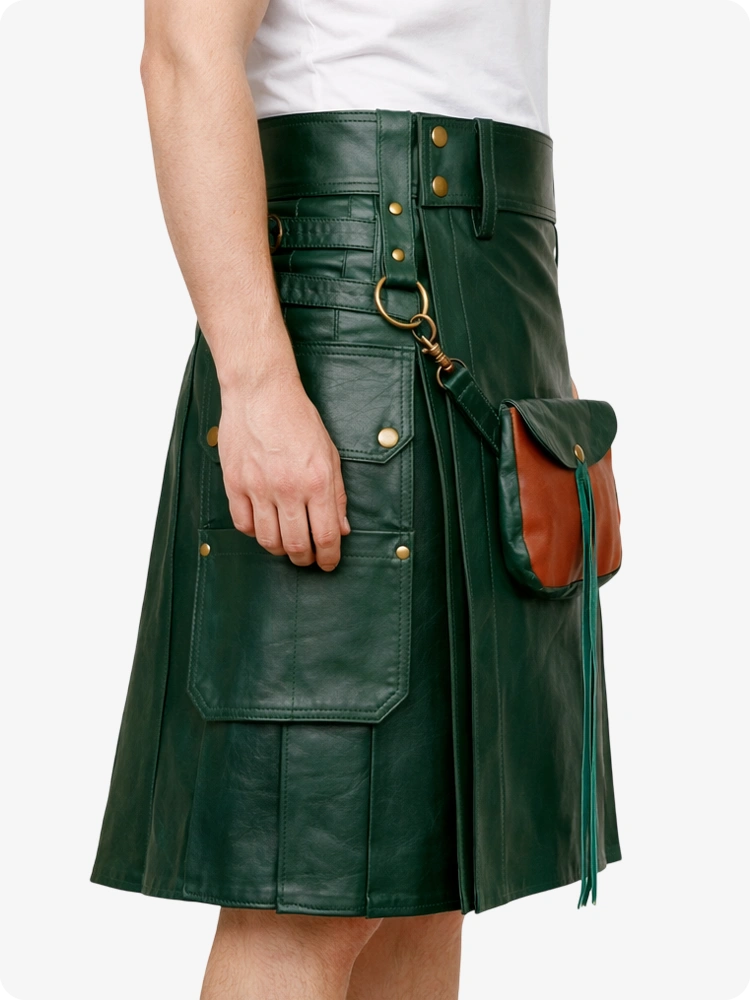 Dark Green Leather Utility Kilt with Front Sporran