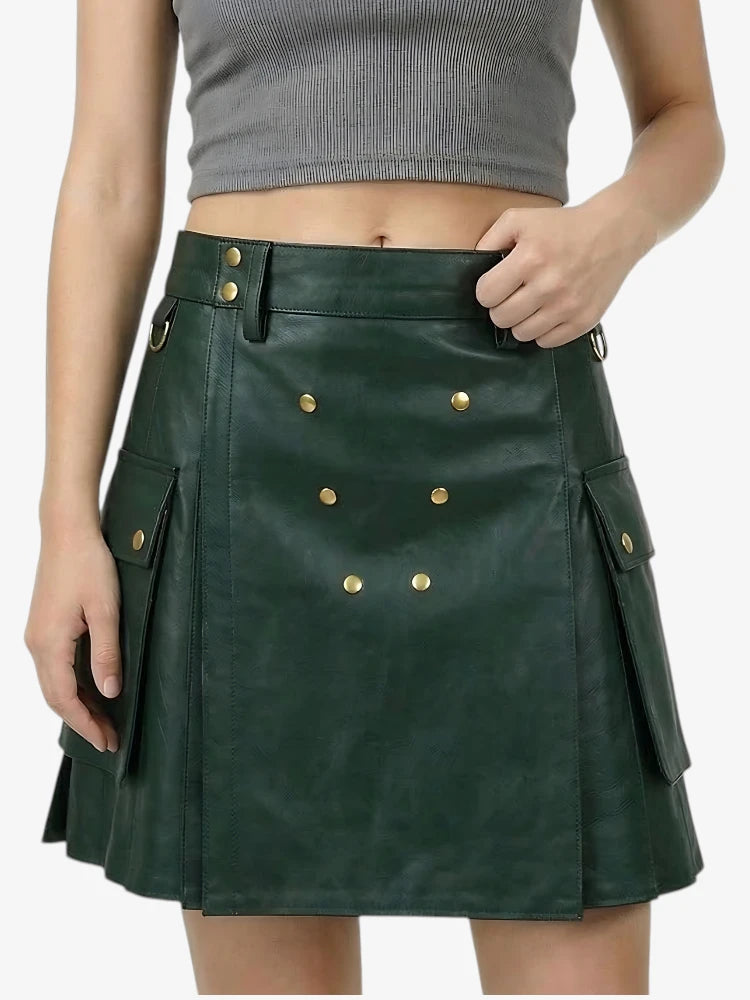 Kilt in pelle verde scuro fatto a mano da donna