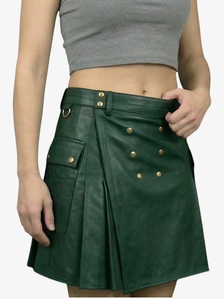 Kilt in pelle verde scuro fatto a mano da donna