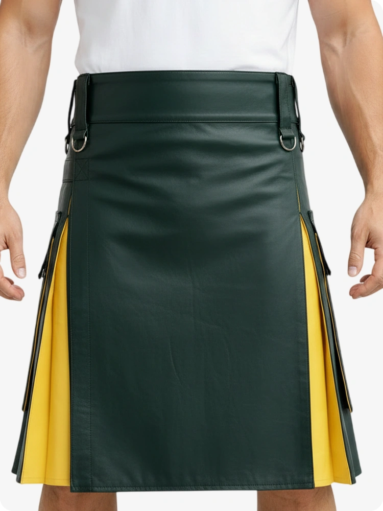 Kilt in pelle verde scuro e giallo con tasche cargo