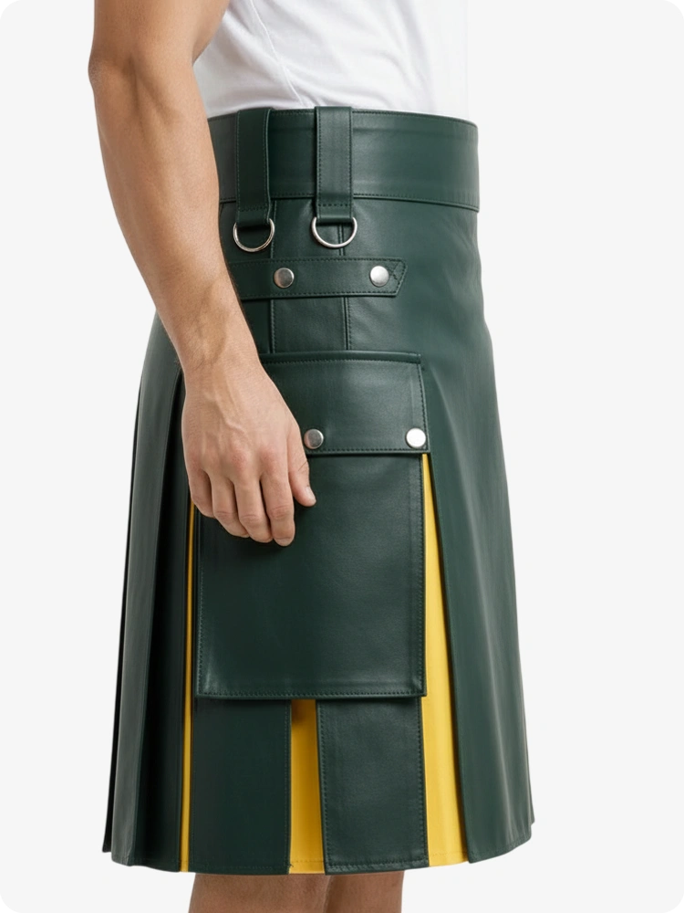Kilt in pelle verde scuro e giallo con tasche cargo