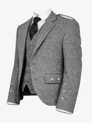 Gray tweed suit jacket with vest and tie on a white background