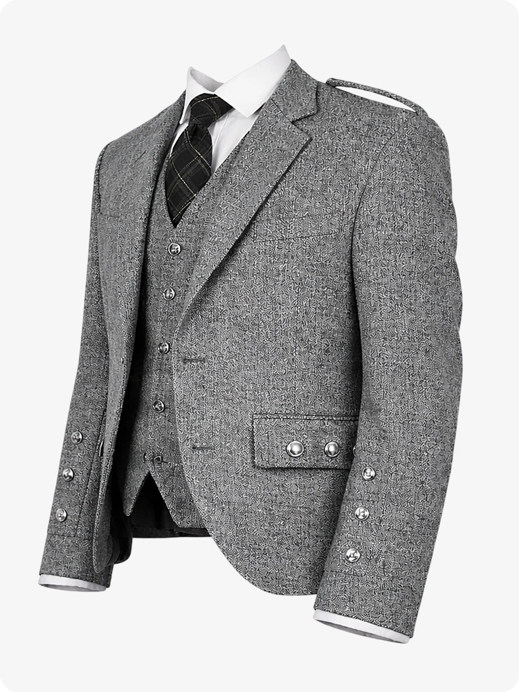 Gray tweed suit jacket with vest and tie on a white background