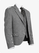 Gray tweed jacket with plaid tie on a white background