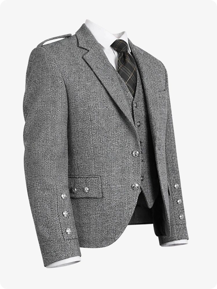 Gray tweed jacket with plaid tie on a white background