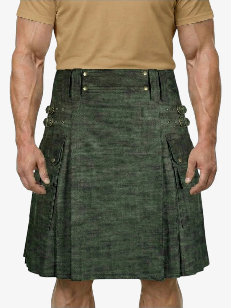 Gonna Scozzese in Denim Verde Oliva Scuro con Tasca Cargo