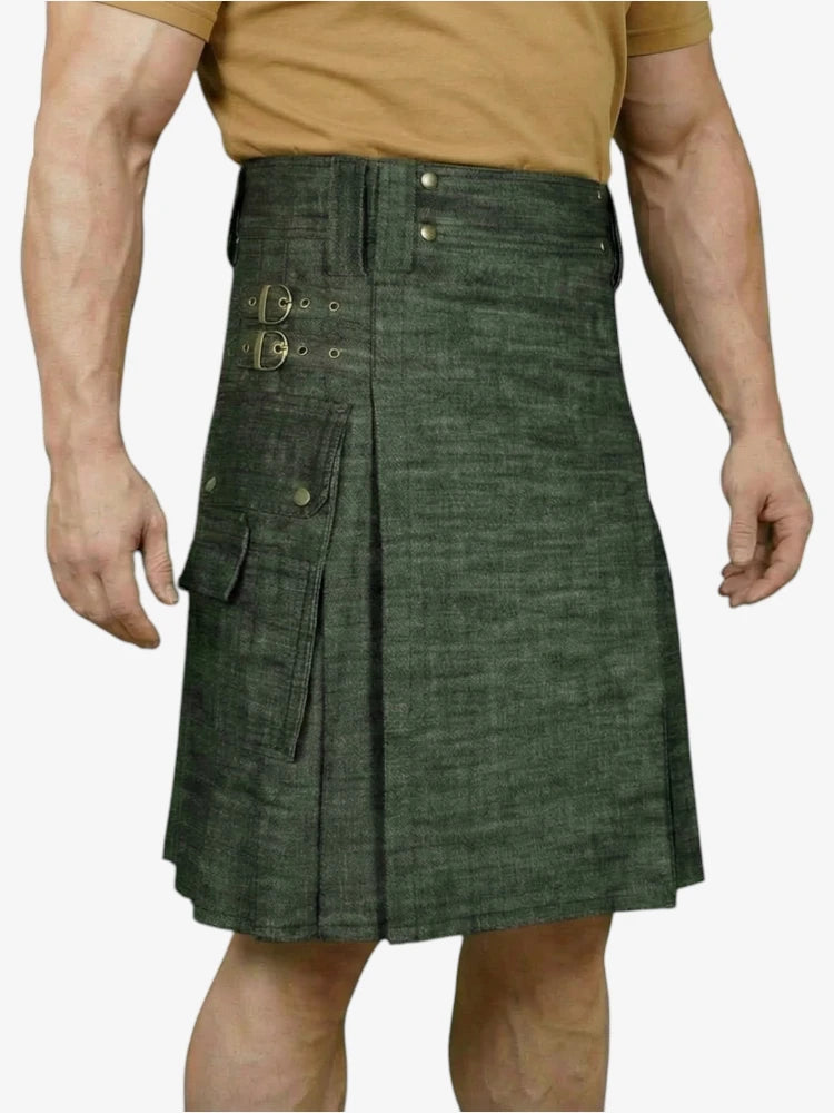 Gonna Scozzese in Denim Verde Oliva Scuro con Tasca Cargo