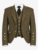 Brown tweed suit with a tie on a white background
