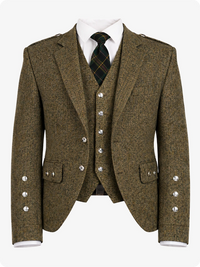 Brown tweed suit with a tie on a white background