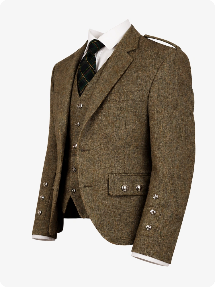 Brown tweed suit jacket with vest and tie on a white background