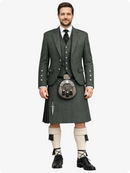 Man wearing a traditional Scottish kilt with a jacket and vest on a white background