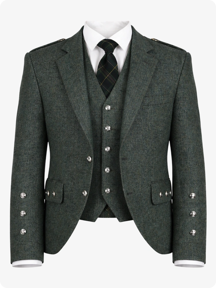 Gray blazer with silver buttons and a plaid tie on a white background