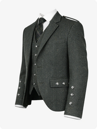 Gray herringbone suit jacket with vest and tie on a white background