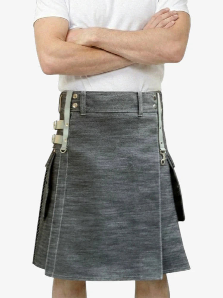Gonna Scozzese Utility in Denim con Cinghie Regolabili