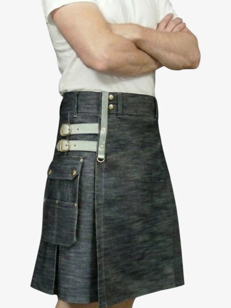 Gonna Scozzese Utility in Denim con Cinghie Regolabili