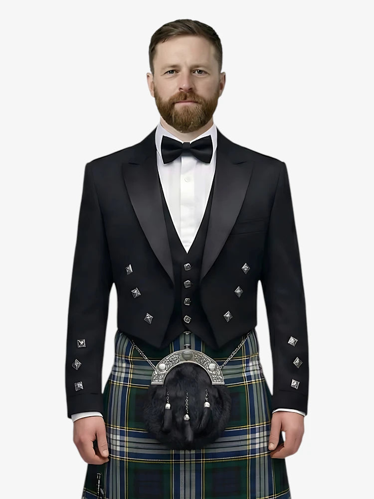 Man wearing a formal black prince charlie jacket with a dress gordon tartan plaid kilt on a white background