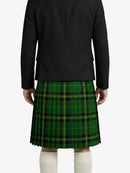 Person wearing a black jacket and green plaid kilt on a white background