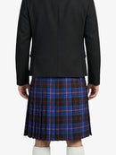 Person wearing a black coat and blue plaid kilt on a white background