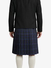 Person wearing a black jacket and plaid kilt on a white background