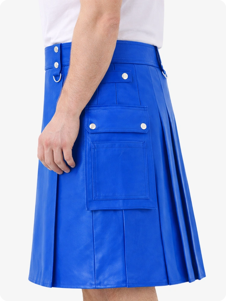 Electric Blue Genuine Leather Utility Kilt with Cargo Pockets & D-Rings
