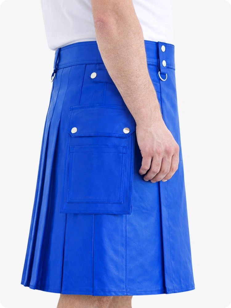 Electric Blue Genuine Leather Utility Kilt with Cargo Pockets & D-Rings