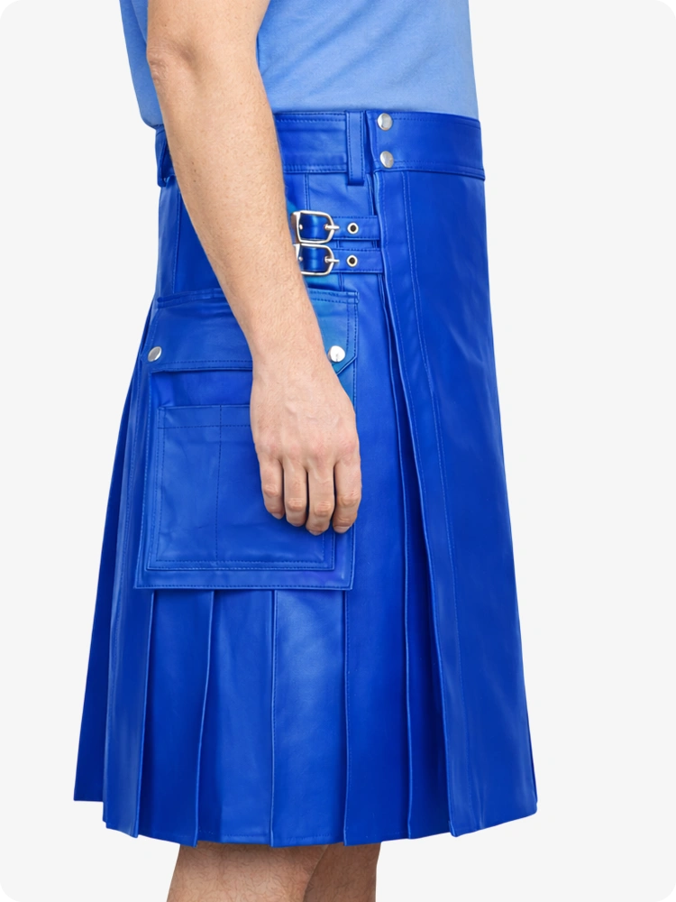 Electric Blue Genuine Leather Utility Kilt with Side Pockets