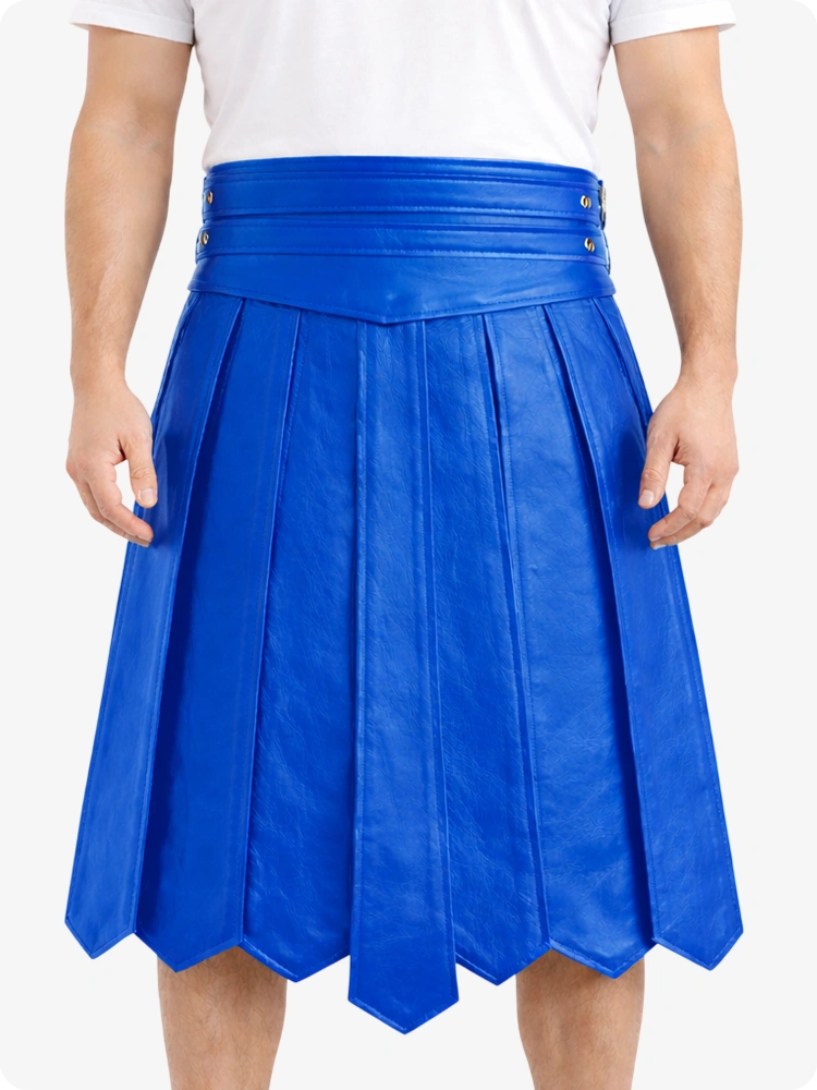 Electric Blue Leather Highland Kilt Adjustable Buckle Waist & Classic Pleats