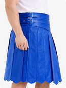Electric Blue leather skirt with a white background