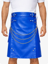 Electric Blue Leather Utility Kilt with Chain Detailing & Adjustable Straps