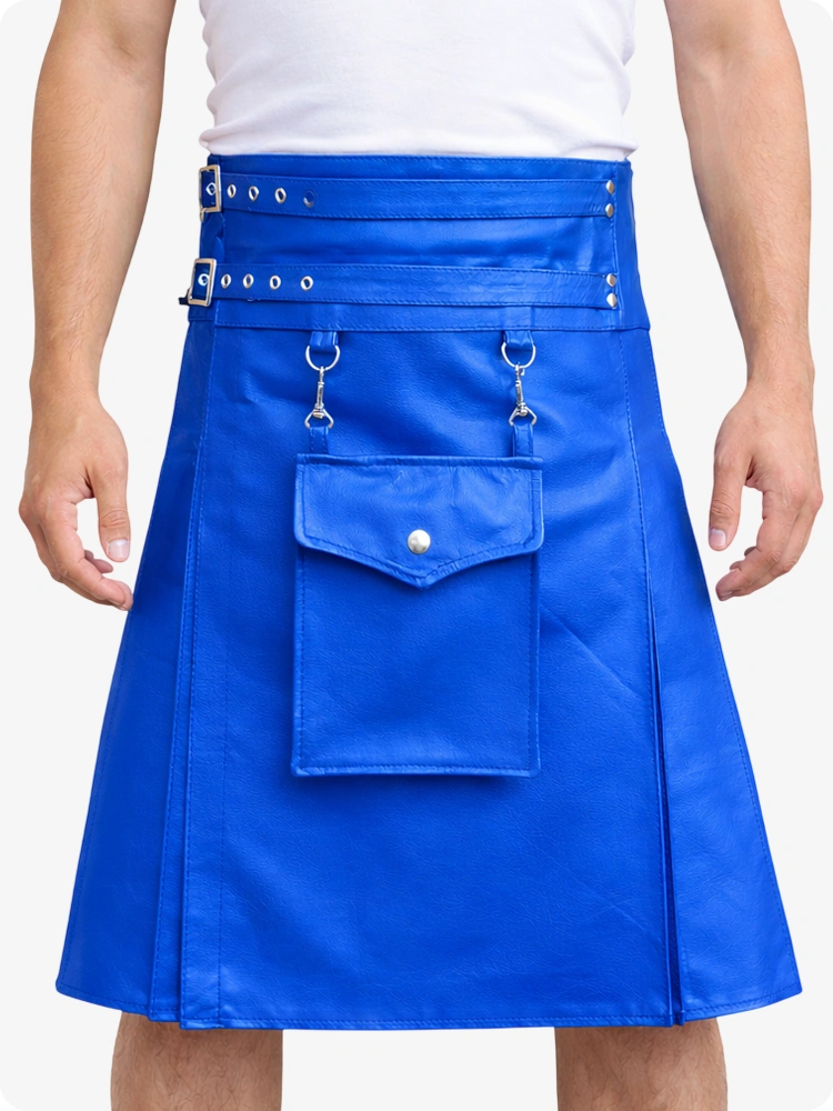 Electric Blue Leather Utility Kilt with Front Pocket & Adjustable Buckle Straps