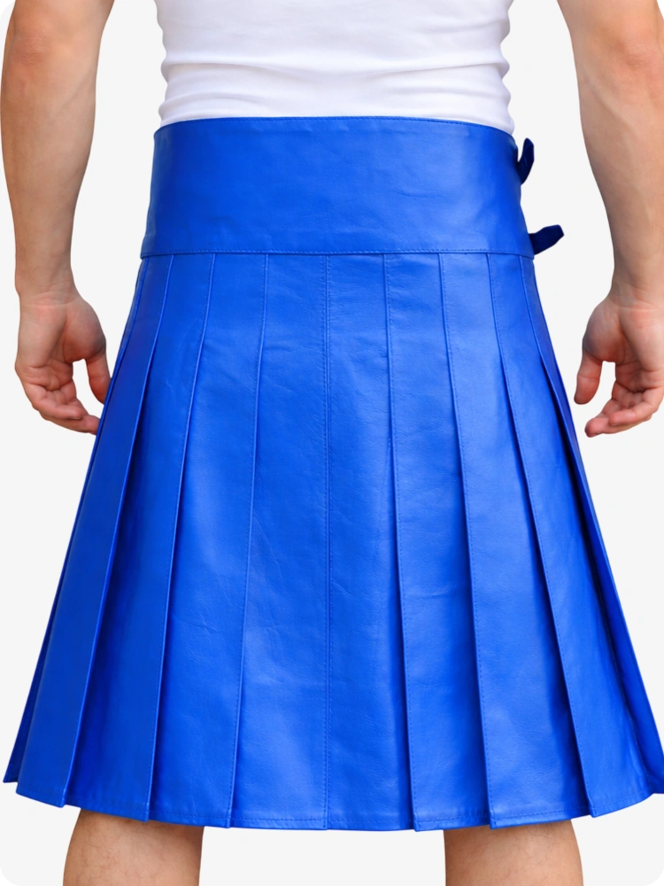 Electric Blue Leather Utility Kilt with Front Pocket & Adjustable Buckle Straps