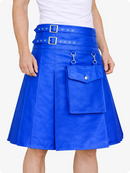 Electric Blue leather skirt with silver buckles and a pocket on a white background