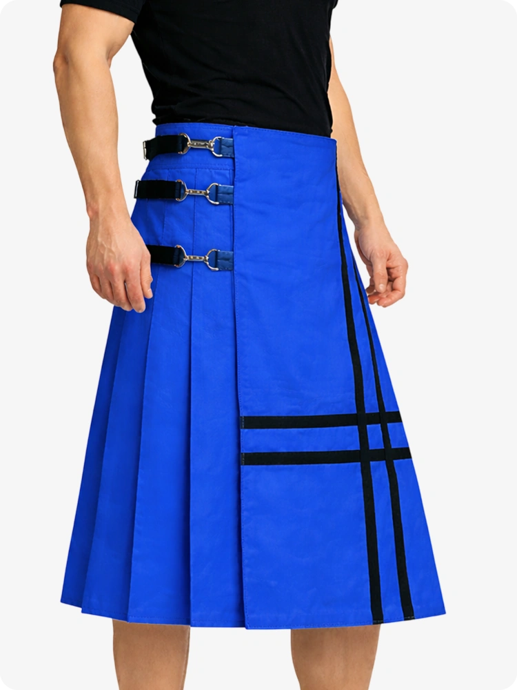 Electric Blue Leather Utility Kilt with Side Buckles & Pleated Back