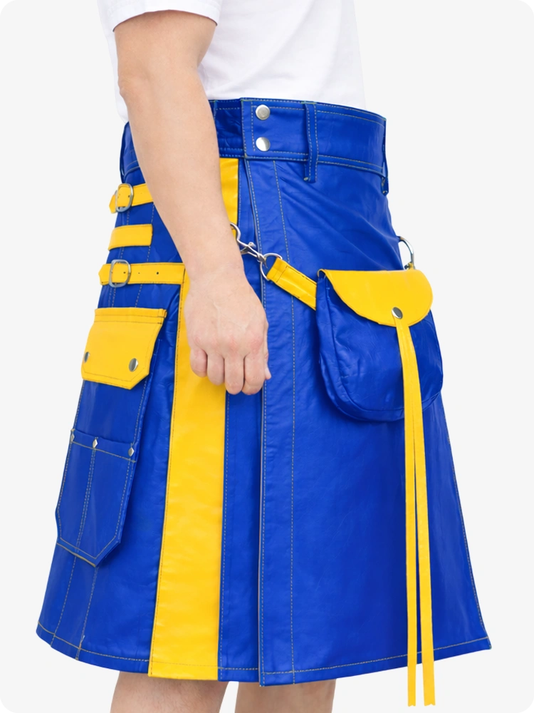 Electric Blue Leather Utility Kilt with Yellow Accents & Detachable Pockets