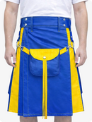 Electric Blue Leather Utility Kilt with Yellow Accents & Detachable Pockets
