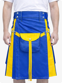 Electric Blue Leather Utility Kilt with Yellow Accents & Detachable Pockets