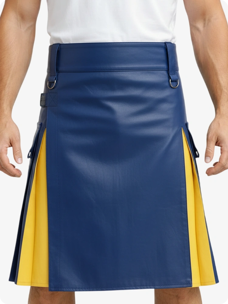 Kilt in pelle blu elettrico e giallo con tasche cargo