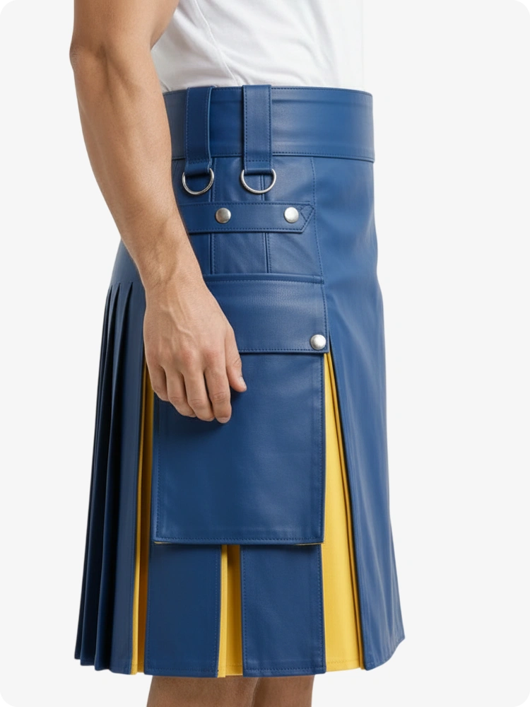 Kilt in pelle blu elettrico e giallo con tasche cargo