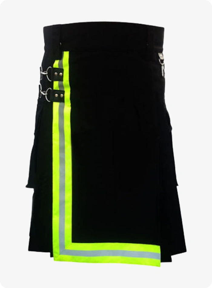 Custom Made Black Utility Firefighter Kilt with Reflective Safety Stripes