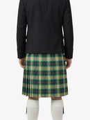 Person wearing a black jacket and green plaid kilt on a white background