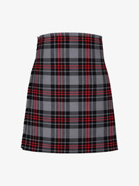 Plaid kilt with black, gray, and red pattern on a white background