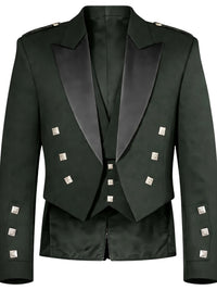 A dark forest green double-breasted blazer with black satin peak lapels and silver metallic square studs on the front and cuffs, shown against a plain white background.
