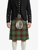 Person wearing a traditional Scottish kilt with a tartan pattern on a white background
